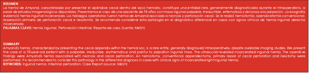 RESUMEN
La hernia de Amyand, caracterizada por presentar el apéndice cecal dentro del saco herniario, constituye una entidad rara, generalmente diagnosticada durante el intraoperatorio, a pesar de estudios imagenológicos disponibles. Presentamos el caso de una paciente de 78 años con masa inguinal palpable, irreductible, eritematosa y dolorosa a la palpación. La ecografía evidenció hernia inguinal incarcerada. Los hallazgos operatorios fueron hernia de Amyand asociada a necrosis y perforación cecal. Se le realizó herniotomía, apendicetomía convencional, reparación primaria de perforación cecal e ileostomía. Se recomienda considerar esta patología en el diagnóstico diferencial en casos con signos clínicos de hernia inguinal derecha incarcerada.
PALABRAS CLAVE: Hernia inguinal. Perforación intestinal. Reporte de caso (fuente: MeSH)



SUMMARY
Amyand's hernia, characterized by presenting the cecal appendix within the hernial sac, is a rare entity, generally diagnosed intraoperatively, despite available imaging studies. We present the case of a 78-year-old patient with a palpable, irreducible, erythematous and painful to palpation inguinal mass. The ultrasound revealed incarcerated inguinal hernia. The operative findings were Amyand's hernia associated with necrosis and cecal perforation. An herniotomy, conventional appendectomy, primary repair of cecal perforation and ileostomy were performed. It is recommended to consider this pathology in the differential diagnosis in cases with clinical signs of incarcerated right inguinal hernia.
KEYWORDS: Inguinal hernia. Intestinal perforation. Case Report (source: MeSH)

